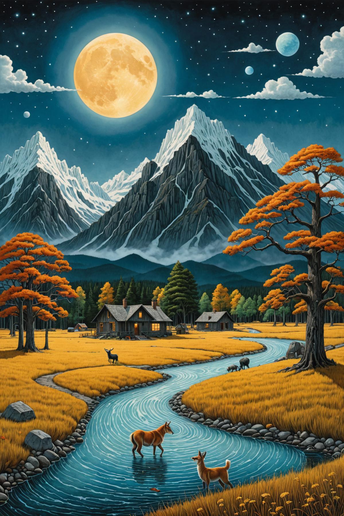A painting of a mountain valley with a house and animals.