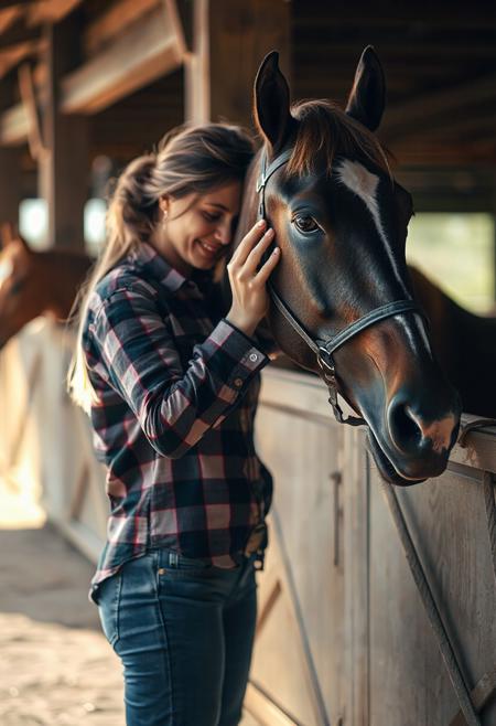 intimate stable scene: a woman brushing her  horse's neck, soft morning light. She's wearing a checked shirt and Levis and cowboy boots. playing off her profile — photorealistic, candid calm. close up on heads
