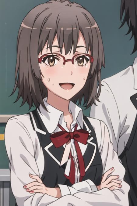 best quality, masterpiece, highres, solo, {ebina_hina_yahariorenoseishunlovecomewamachigatteiru:1.15}, short_hair, brown_hair, glasses, smile, red-framed_eyewear, black_hair, brown_eyes, 1girl, open_mouth, school_uniform, sweatdrop