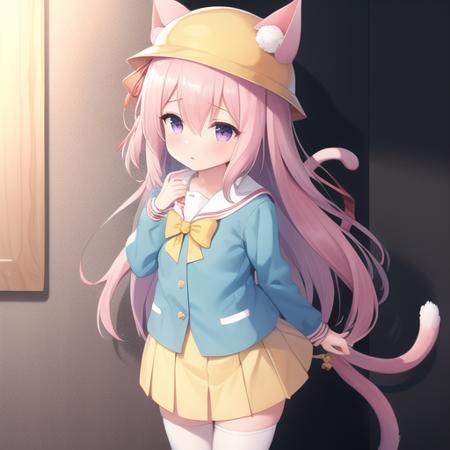 (masterpiece, best quality:1.2),illustration,8k,hd,1girl,solo,upper body,(portrait:1.2),animal_ears,cat_ears,long_hair,pink_hair,ribbon,tail,cat_tail,pink_eyes,hat,bell,bow,animal_ear_fluff,jingle_bell,tail_ornament,one_side_up,school_hat,cat_girl,tail_ribbon,very_long_hair,hair_between_eyes,aqua_shirt,ears_through_headwear,kindergarten_uniform,long_sleeves,pleated_skirt,shirt,skirt,yellow_headwear,yellow_skirt,bangs,red_ribbon,hair_ribbon,tail_bell,tail_bow,white_thighhighs,purple_eyes,bowtie,red_bow,yellow_bow,white_sailor_collar,<lora:Kisaragi(azur)>,