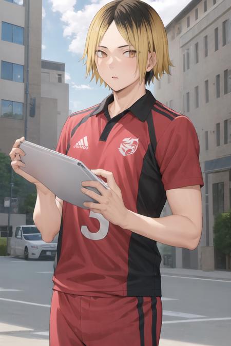 1boy, (masterpiece, top quality, best quality), upper body,  <lora:kenmav2:0.9>, blonde hair, black hair, multicolored hair, shoulder-length hair, (forehead), volleyball uniform, red shirt ((with the number five in clothes writing)), red shorts with black stripes, outdoors, walking, volleyball, looking at viewer,  negative_hand-neg