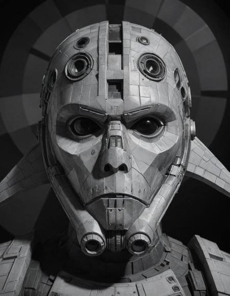 modelshoot style shot of a (Millennium Falcon:1.1) , it is Ethereal, it is detailed with Smooth details, Bathed in shadows, cubism art, by Auguste Herbin, BW, surreal