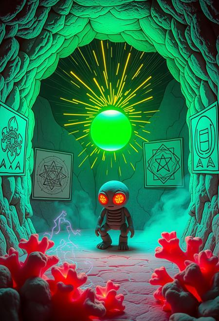 Inside a stylized, surreal chamber made of glowing coral and crystalline roots, a child-sized golem made of sculpted clay and felt-like textures kneels before a neon green orb suspended in mid-air. Radiating from the orb are jagged comic-style energy waves, outlined in bold black ink, pulsating into the chamber with alternating blasts of neon green and neon orange. The golem’s eyes flicker with bright orange LEDs, casting shimmering reflections on its soft-textured skin. Walls around the chamber are divided into pop-art panels showing abstract, magical glyphs drawn in heavy outlines and saturated in color. The atmosphere feels thick and pressurized, as though the color itself is tangible—vaporous trails of green and orange drift across the scene like incense smoke. The blending of comic-strip abstraction and tactile fantasy materials creates a world where neon is both light source and living magic, visual tension buzzing in every corner.