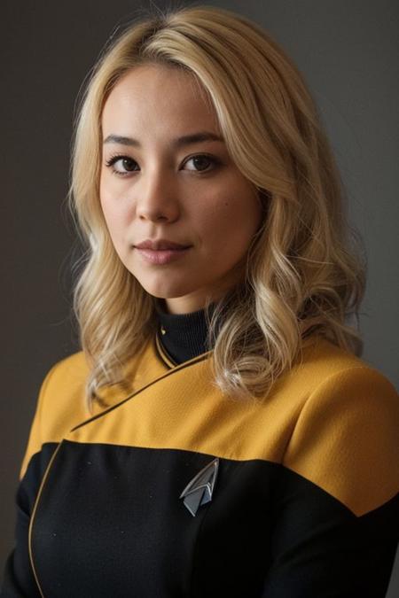 1girl, Asian, pretty, 25yo, light Blonde Hair, (close up:1.4), ((headshot)),  yellow pcdst uniform, long sleeves, blurry background<lora:STPicardUniforms:0.8>