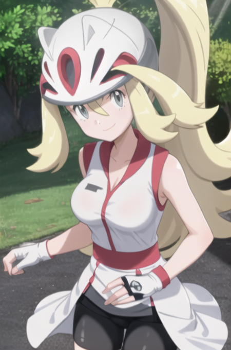 1girl,  <lora:korrina2-08:0.7> korrina_(pokemon) smile, solo, gloves, dress, green eyes, standing, shorts, sleeveless, white gloves, fingerless gloves, white dress, sleeveless dress, white footwear, helmet, bike shorts, skates, looking at viewer, upper body, large breasts,