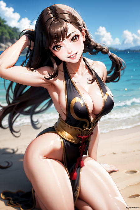 chun-li, brown eyes, brown hair, alternate hairstyle, braid, alternate costume, black dress, cleavage