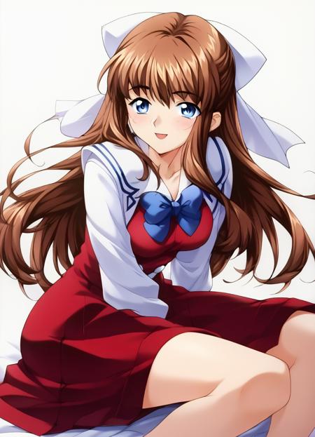 nagawa_midori, 1girl, blue eyes, brown hair, long hair, hair bow, white bow, school uniform, long sleeves, blue bowtie, BREAK, skirt, red skirt, BREAK, black legwear, BREAK, brown footwear, loafers