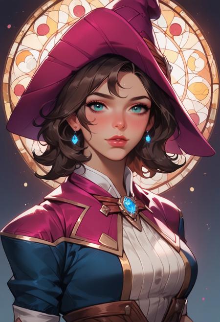 score_9, score_8_up, score_7_up, ((face focus, eye focus, dynamic angle, motion)), 1girl, fantasy, Tarot Card Style, witchkiri, sexy witch costume, witch hat, lace, cape, breathless intimacy, tanned skin, petite model bombshell, heart, young, delicate features, narrow pointy nose, tiny nose, brown hair, medium length hair, bob cut, lust, big eyes, seductive eyes, blue eyes, detailed skin, flared lashes, mascara, makeup, perky medium breasts, athletic body, narrow waist, skinny hips,
warm light, detailed, neon dark party
 BREAK
milky way, runes, arcane, astral, surreal, ethereal glow, masterpiece, best quality, intricate design. colorful, moonlit nightsky, stained glass aesthetic, moody whimsical color palette, murano glass, bold soldering lines, volumetric light shining through, crepuscular rays, intricate craftsmanship, detailed texture, luminous transparency, reflective light play, vivid hues, atmospheric depth, enchanting silhouette, art nouveau,