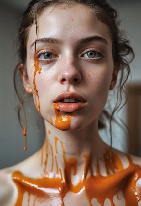 Ultra detailed film photograph with tiny depth of field, shot in an empty studio space with complex lighting. The bare bust of a beautiful woman, her hair and face and slender neck and delicate collarbone and small firm breasts. She looks stoic and severe, soft eyes that are perfectly in focus. Her mouth is overflowing with thick paint, From her lips flows richly orange  colored paint, drooling and trickling  from her lips down her chin, dripping on her tiny breasts, her erect nipples. trickling down her neck. Everything else slips out of focus. Surreal and artistic.