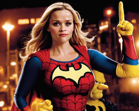 reese_witherspoon, <lora:ReeseWitherspoonXL:1.0>, upper body, spiderwoman outfit, , super hero,  at night, full moon, batman, springfield,(fighting with homer simpson)