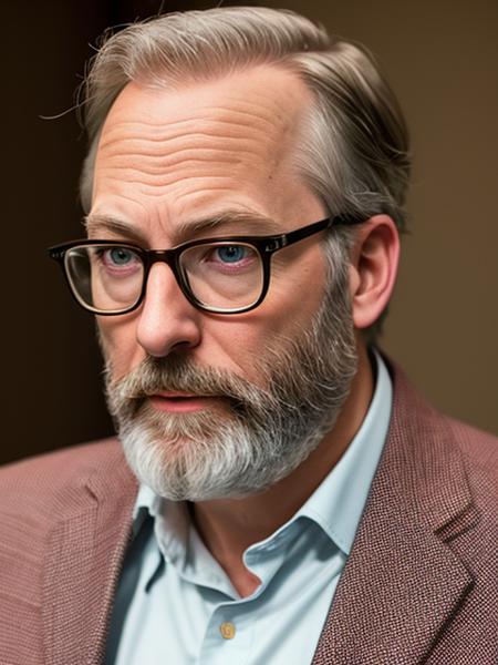 photo of (LuckyHank:0.99), a bearded man wearing glasses, wearing a patterned button-up shirt, with a sport coat, with a pocket square,  detailed face, realistic skin, high quality, (brown eyes:1.1), Leica 50mm, f1. 4, natural light, grainy, (high detailed skin:1.2)