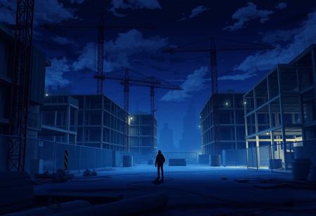 Anime screenshot, a construction site at night, walking alone there