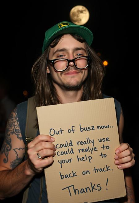 a vagabond, intoxicated, drunk. glasses john lennon style, long hairs, tattoo. green "john deere" trucker cap. holding a cardboard with written "Out of buzz right now—could really use your help to get back on track. Thanks!" dark halley light only from the full moon in bk