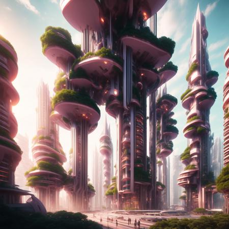 (coralcity style:1) futuristic city, tall buildings, lot of lights, plants growing <lora:djzCoralCityV21:0.8>