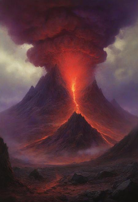 landscape, volcano, ash, gray stone, digital artwork by Beksinski, 18 years old,  vibrant colors, red theme, purple theme, storm, eruption, lightnings
