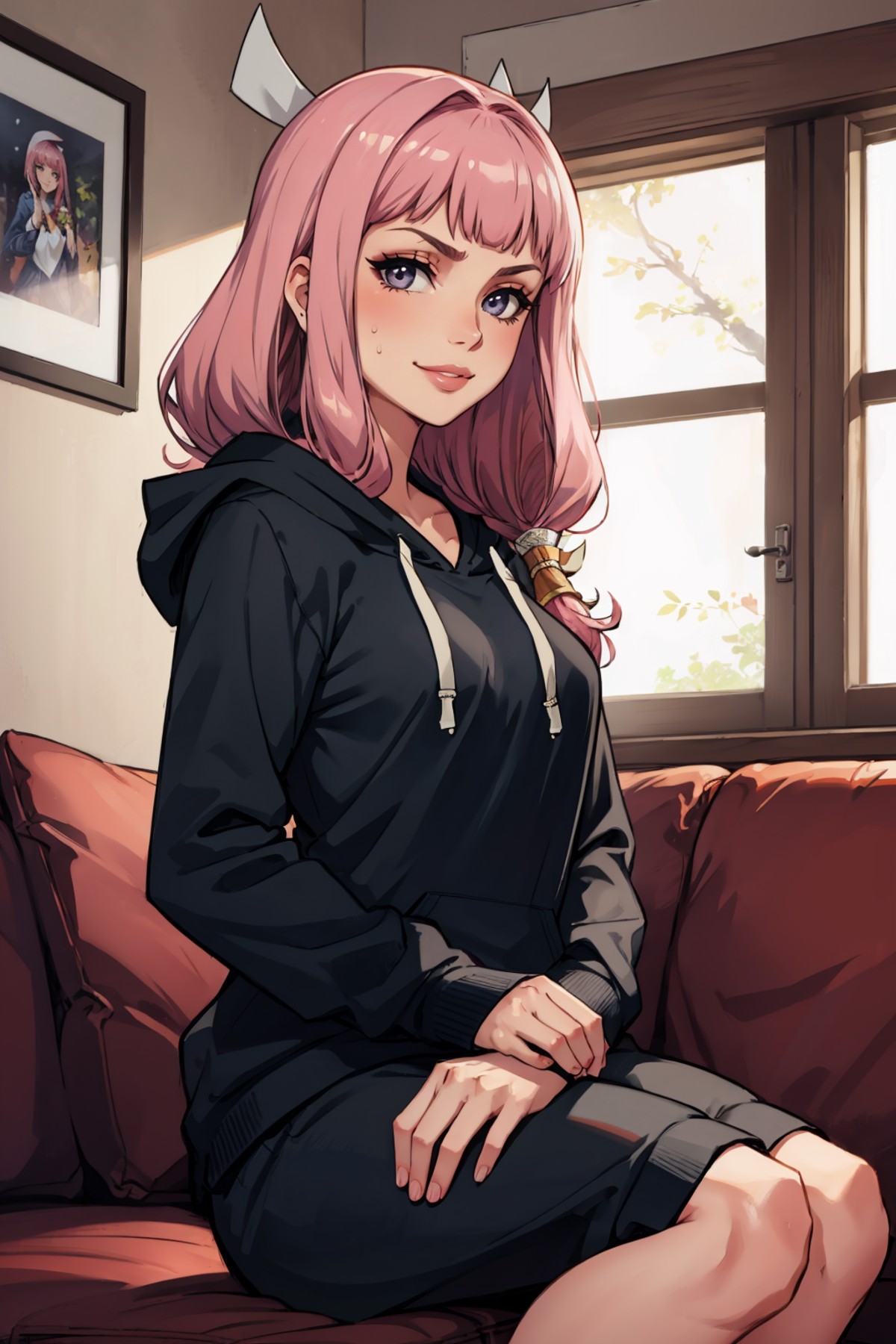 masterpiece, best quality, mitama, pink hair, hair ornaments, black hoodie, sweatpants, sitting, couch, looking at viewer,...