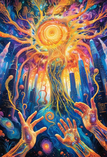 psychadelic, PsychadelicChaos, A mind-bending dream city where the skyscrapers breathe, their facades shifting between living flesh, metallic fractals, and pulsating neon membranes. The streets ripple like liquid glass, distorting perspectives as if bending reality itself. Floating islands of glowing fungi hover above, their roots dripping with iridescent, color-shifting energy. The air is filled with swirling patterns of living ink, forming and reforming hypnotic symbols that change when you try to focus on them. Giant, disembodied hands emerge from the ground, their fingers twisting and melting into spiraling, recursive shapes. Above it all, a colossal, translucent eye watches, its gaze refracting the world into impossible dimensions.