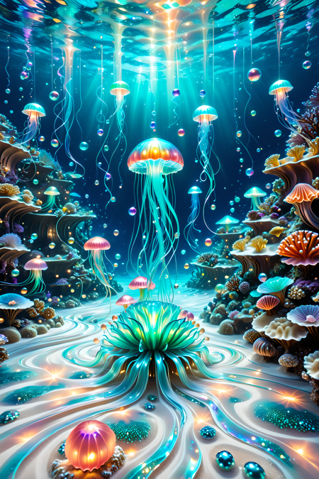 A surreal underwater realm where coral castles drip with glowing pearlescent syrup,jellyfish float like silk lanterns above a pearly sand floor,and luminous mermaids paint ocean currents with swirling trails of light and flowing pigments,magical realism,photoreal style,intricate lighting made of l1qu1dp34rl,pearlescent,flowing through bioluminescent coral reefs,iridescent bubbles rising in turquoise water,hyper-realistic translucency,pearlescent,
Masterpiece,best quality,hi res,8k,hi res,8k,award winning,(sharp focus, intricate, highly detailed),<lora:SDXLFaeTastic2400:0.4>,<lora:liquidpearlXL_r1:1>,<lora:TrendCraft_The_Peoples_Style_Detailer-v2.1A-3_12_2025-SDXL:0.8>