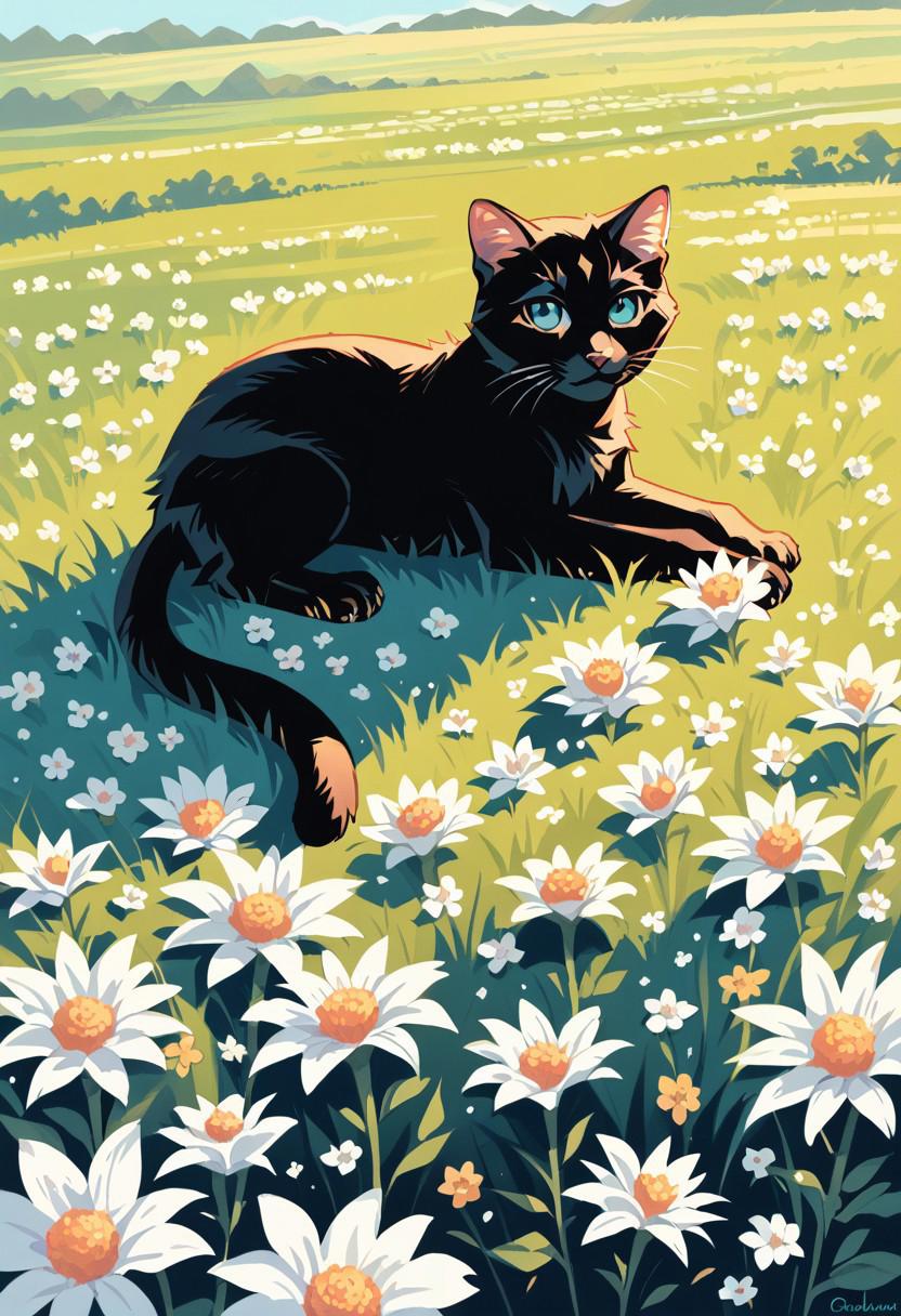 score_9, score_8_up, score_7_up, score_6_up, watercolors, a little black cat asleep in a field of white flowers. pastels, dreamlike