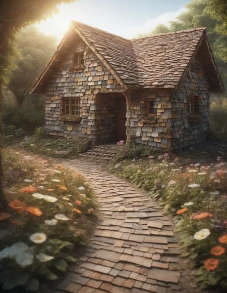 A magical garden where the flowers, vines, and butterflies are made from mad-shingles, under a soft, glowing sun. <lora:Shingles_SDXL:1>
