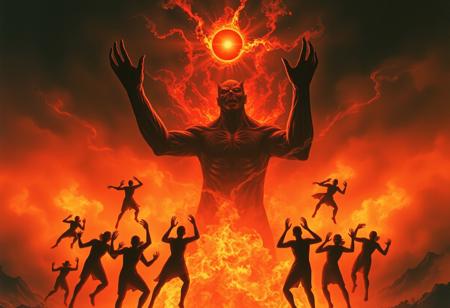 One of the creature's raised hands holds a pulsating, radiant red orb, emitting a blinding glow that casts stark, fragmented shadows across the scene.
Surrounding this imposing figure are several smaller, similar entities, their forms swirling and indistinct, as though emerging from the fiery substance. They encircle the central creature in chaotic, dynamic poses, heightening the sense of supernatural turmoil. The backdrop features dense, dark clouds interspersed with fiery bursts of orange and yellow, resembling an infernal storm. Smoky gradients fade unevenly into the fiery abyss, evoking an apocalyptic wasteland.
To emulate the look of 90s Japanese amateur photography, incorporate era-specific qualities: visible film grain, slight overexposure in the orb's glow, muted reds and oranges blending subtly into the darker tones, and occasional lens flare artifacts. Ensure the overall mood conveys an eerie, overwhelming sense of chaos and impending doom.