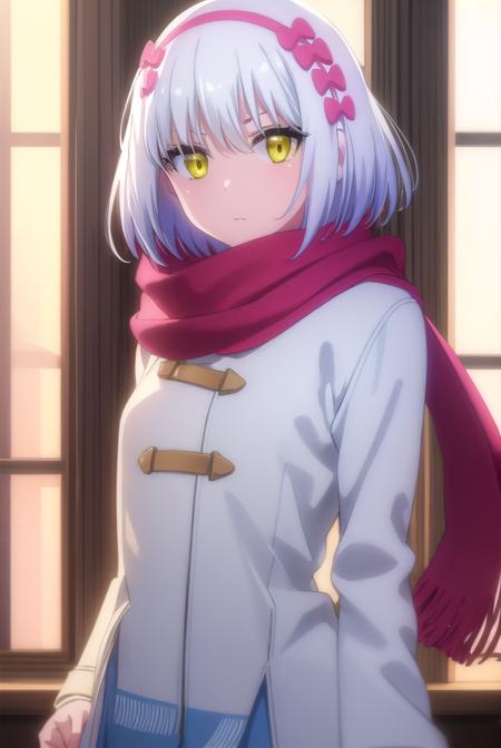 paulamccoy, <lora:paula mccoy s2-lora-nochekaiser:1>,
paula mccoy, short hair, bow, (yellow eyes:1.3), white hair, hair bow, hairband,
BREAK scarf, red scarf, coat, long sleeves, wide sleeves, white coat,
BREAK indoors, classroom,
BREAK looking at viewer, (cowboy shot:1.5),
BREAK <lyco:GoodHands-beta2:1>, (masterpiece:1.2), best quality, high resolution, unity 8k wallpaper, (illustration:0.8), (beautiful detailed eyes:1.6), extremely detailed face, perfect lighting, extremely detailed CG, (perfect hands, perfect anatomy),