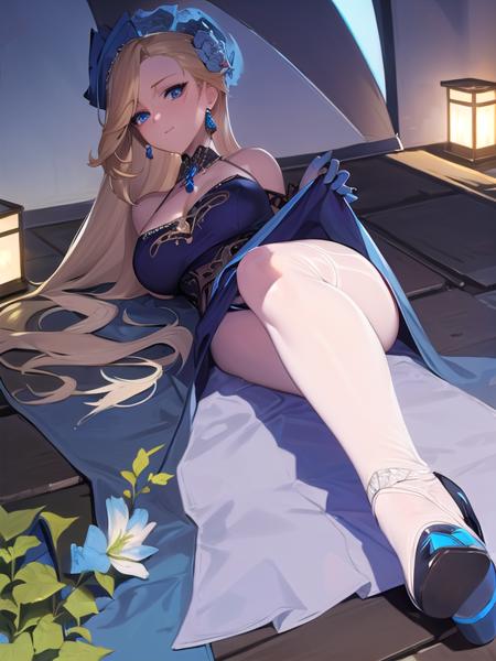 (ultra detailed),(masterpeace),(best quality), beautiful lighting,CG,(colour:1.2),outdoors, park, solo,  <lora:hood_azurlaen_V1:0.8>,
hood_(azur_lane),blonde hair,blue eyes,black pantyhose,earrings,gloves ,jewelry,long skirt,shoes,(blue dress:1.5),