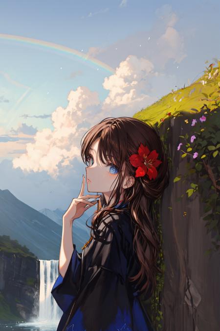 1girl, solo, blue eyes, parted lips, portrait, long hair, brown hair, looking at viewer, hand up, colorful, bangs, shadow, flower, close-up ,waterfall, rainbow, scenery, long hair, solo, sky, outdoors, cloud, day, water, black hair, standing, fantasy, wide shot, blue sky, very long hair, cliff, dress, tree 
///////////  <lora:Inamori_Ryusa-000226:0.8>, <lora:ç»ä¸½çåå½±:0.2>,<lora:add_detail:0.35>, <lora:adaptedmodel:0.35>