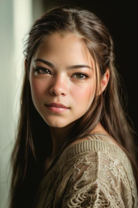 masterpiece, best quality, (((photographic, photo, photogenic))), ((cute, pretty, beautiful, sexy)), (detailed face, detailed nose) 30 years old woman embedding:Kristen_Kreuk-1-4000 ((looking at viewer)), long hair, (pullover), armpits, camera f1.6 lens, rich colors, hyper realistic, lifelike texture, dramatic lighting