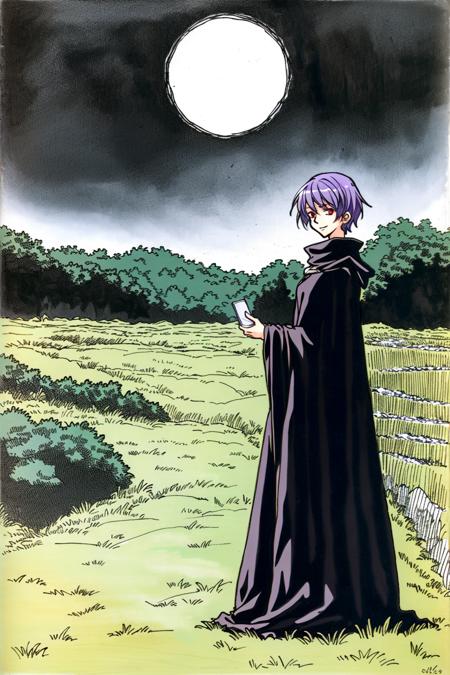 1girl,standing,full body,black cloak,black robes,smiling,facing viewer,short hair,purple hair,red eyes,outdoors,in medieval farm