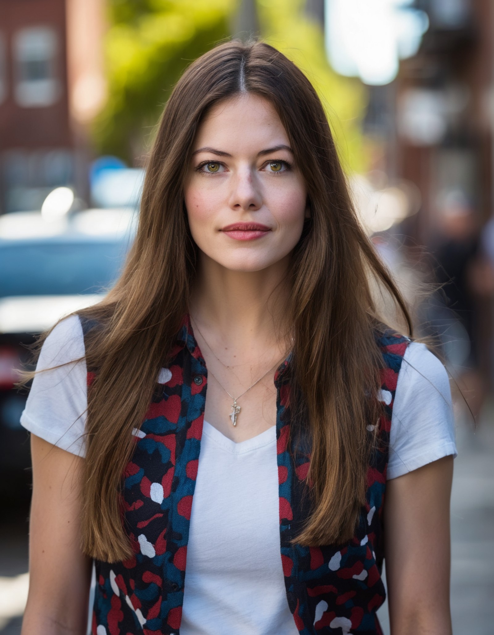 cinematic photo Mid-shot portrait of a beautiful ((ohwx woman)) in her 30s , with long hair, candid street portrait in the...