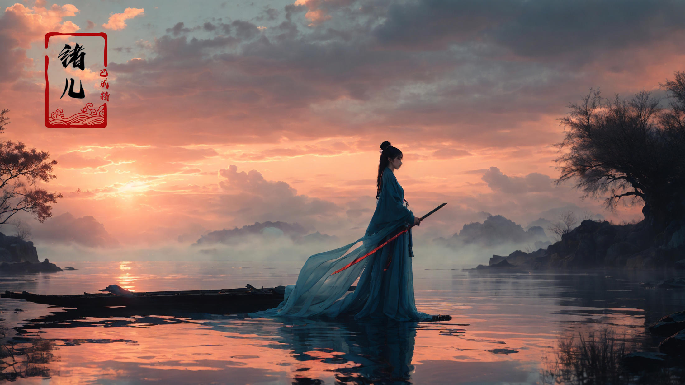 绪儿-山水渔夫 long raft with Landscape fisherman image by XRYCJ