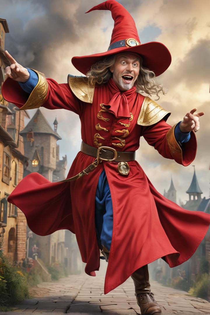 Rincewind, the cowardly wizard, running away from danger. absurd caricature, sexy,