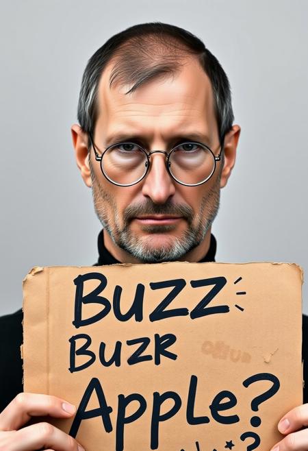 A highly detailed mugshot of a man resembling Steve Jobs, shown from the shoulders up. The man has a sad, contemplative expression with slightly downturned eyes and a subtle frown. The lighting is well-done, illuminating his face clearly without harsh shadows. The background is plain, and he is holding a piece of cardboard in front of him. The cardboard is weathered with a rough texture, edges slightly torn, and it has bold, stylish lettering that reads 'Buzz or Apple?' in a mix of futuristic and handwritten fonts. The sign has a few doodles and small symbols around the text, making it look unique and cool. The image should be realistic, capturing a somber mood with attention to the texture of his skin, his iconic round glasses, and the simplicity of his black turtleneck shirt