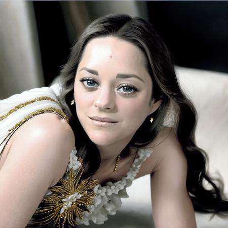 a professional photograph of marion_cotillard,  <lora:marion_01_768_343samples:1>,long brunette hair, white and gold dress, (smiling:0.5)