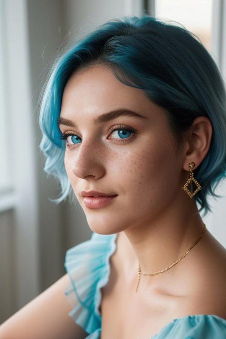 (1girl:1.15), short voluminous fluffy bright blue hair, (European:1.3), blue eyes, (dress:1.3), (25 years old, young:1.2), earring, jewelry, with subtle freckles, subtle skin blemishes, visible skin pores, natural skin texture, (inviting expression:1.3), choker, cream eyeliner, beautiful hands, European, cozy bedroom, (golden hour:1.2), (warm glow:1.3), warm colors, RAW Photograph, leica full frame camera, soft lighting, high quality, insane details, masterpiece, 8k, 50mm f/1.4 photograph, highly detailed