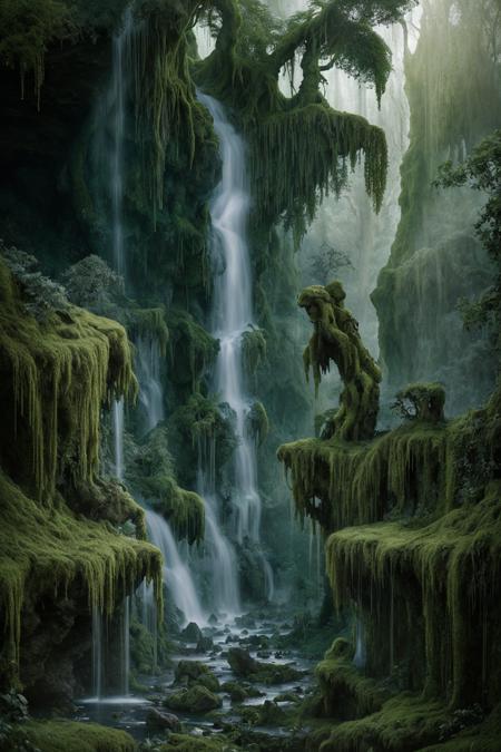 vast ancient valley filled with massive broken statues of forgotten gods, covered in moss and ivy, crumbling stone hands reaching from the earth, golden sunlight breaking through heavy clouds, sacred waterfalls pouring from mountain cliffs, glowing blue magical runes etched into the ground, cinematic depth of field, moody atmosphere, 4K ultra-realistic DSLR fantasy photography