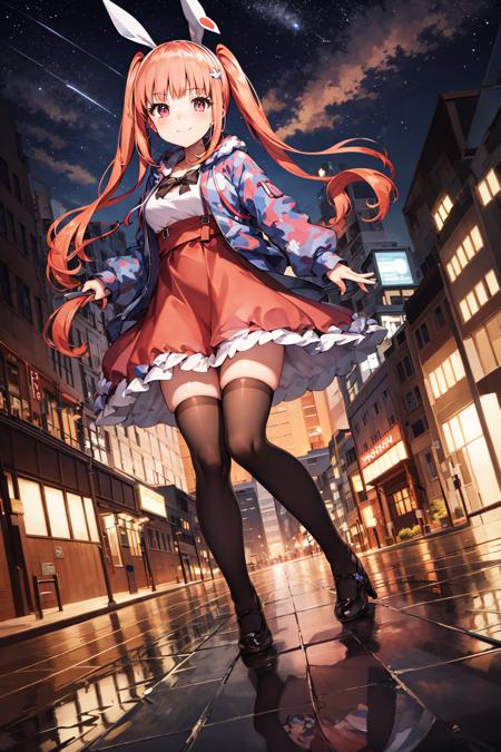 mimito sakurano \(denonbu\), (best quality, 8K, masterpiece, HDR, ultra detailed:1.2), cinematic angle,
night, sky, beautiful clouds, detailed background, constellation, starry sky,
1girl, solo, shiny skin, very long hair, twintails, head tilt, slight smile, full body, wide shot,
christmas, winter clothes, snowflakes, thighhighs, reflective floor,