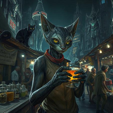 Setting is an extraterrestrial alien street market at night in a city of an extremely advanced extraterrestrial civilization, ((all writing is in an alien script)), ((all lighting is exotic and of an extremely advanced technology.,  the market is comprised of street vendors selling food, exotic technological wonders, and alien clothing. (((The extraterrestrial beings in view have a variety of appearances some are human-like, others are insectoid or feline or canine or reptilian, they are wearing a variety of clothing are walking through the street market shopping and eating))), A black cat with red collar sits on a nearby wooden roof at a market kiosk. Behind the a kiosk counter are containers of exotic goods, (((a beautiful furry alien anthropogenic cat-like being, 24 years old, is standing in the foreground facing the viewer with a glowing metal goblet of beer in her paw/hand. Her eyes are beautiful and focused on the viewer, she has an expression of interested curiosity))), the being is dressed in exotic style clothing of a completely exotic aesthetic. Enormous metallic statues and temples are visible in the background and around the scene and smaller statues are prevalent in the market, Epic image that elicits a feeling of wonder and awe, (((many types of aliens are walking around the market but NO HUMANS)))