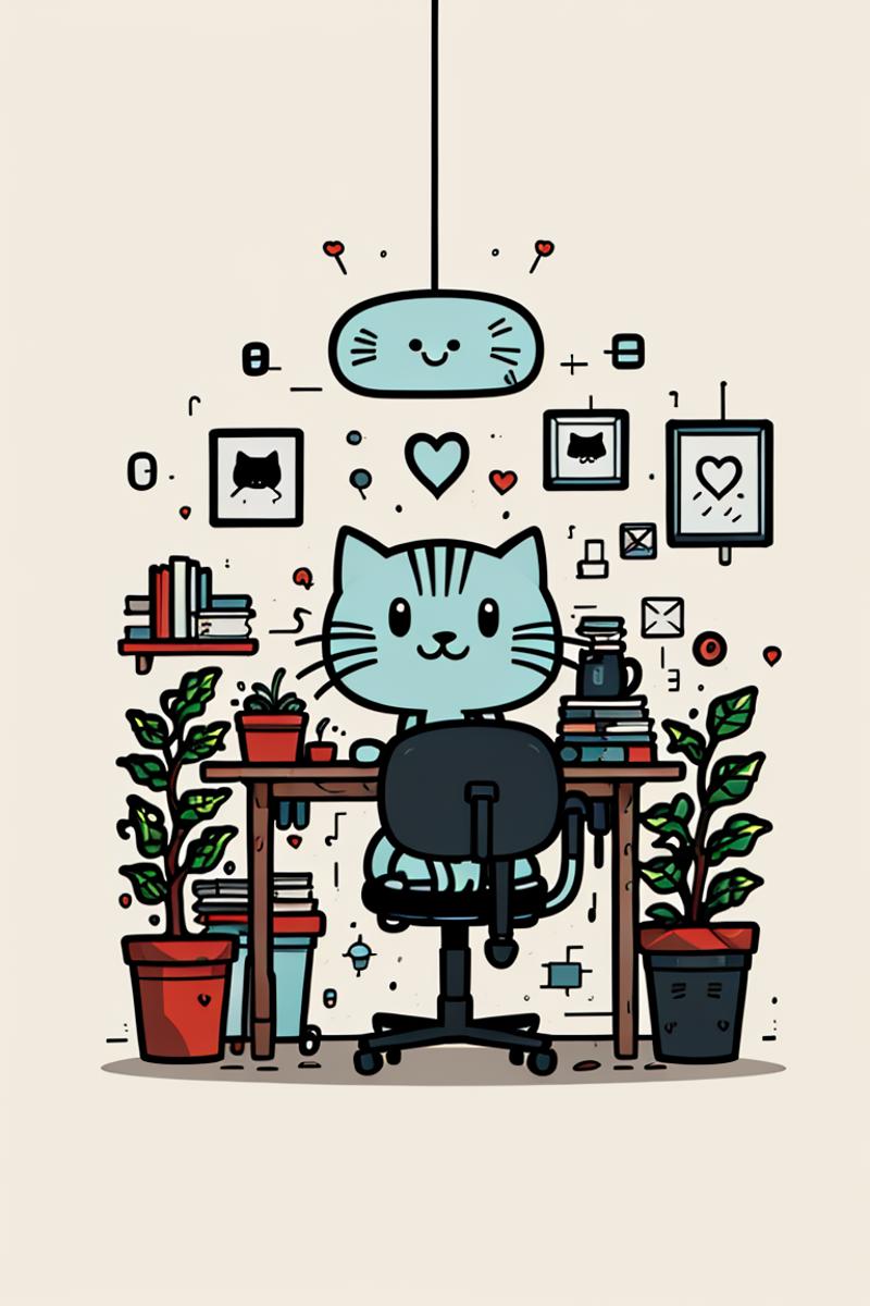 A black and white cartoon of a cat sitting at a desk with a potted plant, books, and a coffee mug.