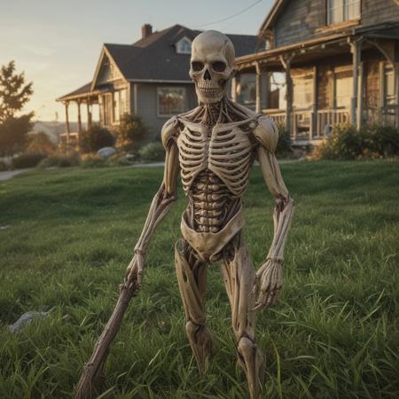a scare creature that is standing in the grass, beistle halloween , golden hour in pismo california, death of the money lenders, ancient alien tools and houses, “ full body, an eerie, giant wooden club, he is from virginia, photograph of enchanted garden, news photo, trending on artstation, depth field, unreal engine, cinematic, hyper realism, high detail, octane cinema 4 d render, a 2 4 cinematography, 8 k