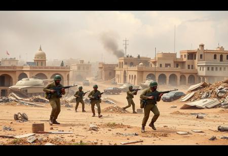 Modern, land war, scene, british soldiers, takein cover, war torn cityscape, middle east,
