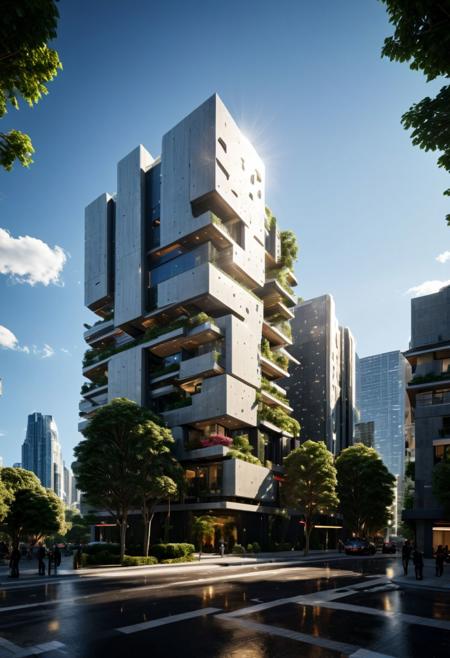 (((Modern style architecture, housing, luxury residence))),
outdoors, sky, tree, blue sky, no humans, ground vehicle, building, scenery, reflection, city, cityscape, bare tree, skyscraper, real world location,
(Large Files, Ultra Realistic, 8K, 16k, FHD, HD, VFX, Perfect, Photography, composition, Architecture Sales Photography, Architecture Competition, Ultra High Resolution, Cinematography, High Resolution Image:1.1), (dramatic lighting, direct sunlight, ray tracing, clear shadow:1.2), (real landscape:1.1), (blurred background:1.0), (urban background, more_details)  
(avant-garde, future, reality, science fiction, photorealistic), (modern architecture:1.2), White limestone with black granite, fountain, waterfall, landmark, square, path, narrow street,
(Large Files, Ultra Realistic, 8K, 16k, FHD, HD, VFX, Perfect, Photography, composition, Architecture Sales Photography, Architecture Competition, Ultra High Resolution, Cinematography, High Resolution Image:1.1), (dramatic lighting, direct sunlight, ray tracing, clear shadow:1.2),  (real landscape:1.1), (blurred background:1.0), (urban background, more_details) ,
great lighting, extremely detailed, clear, SteamPunk, futuresurban