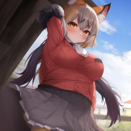 shimahai, 1girl, ((solo)), animal ears, virtual youtuber, short hair, fox girl, fox ears, fox tail, gray gloves, gray pleated skirt, white necktie, twintails, black undershirt, grey hair, orange hair, red blazer, white loafers, red beret, yellow eyes, microphone, long sleeves, fur trim, black belt, bangs, hair between eyes, orange legwear, two-tone hair, black hair ribbon, frilled skirt, sidelocks, breast pocket, detailed shading, detailed ambient light, detailed shading, detailed ambient light