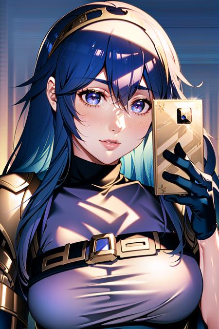 Lucina \(fire emblem\), ((high resolution, masterpiece, ultra-detailed illustration:1.2)),  girl,  solo, fantasy, detailed skin, blue hair, blue eyes, blue outfit, standing, tattoo in one eye, detailed eyes, detailed pupils, marked eyelashes, bold eyebrows, short hair, detailed hair, thicc:1.5, thicc hips, thin waist, muscular legs:1.5, thicc breast:1.5, blue pantyhose, zettai ryouiki, golden Diadem, thighhighs, blue skirt, milf, mature face:1.2, smile, cape, glossy lips, detailed lips, real lips, (looks like 28 years old girl), dynamic angle camera, sexy pose, view from above:1.5