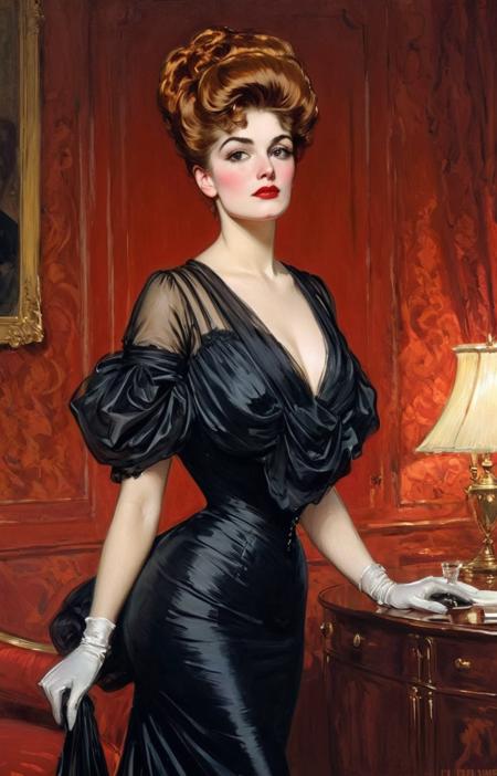 1boy, 1girl, masterpiece, 4k, uhd, Women are tall, women are haughty, women are elegant, women are superior, women are beautiful with high and prominent cheekbones, women have beautiful natural tan skin tones without makeup and long and luxuriant (blonde:auburn:0.3) hair, women wear fitted Edwardian jacket  dresses and narrow skirts.  women are hale and hearty and mirthful,  women have full lips and a slight sneer, Men are tiny and short, men are sniveling and nervous, men have short hair and timid expressions. The scene is moody, (the dominant color being the bright red color of the woman's lips:0.7). an oil painting by Charles Dana Gibson. An elegantly dressed, very tall and haughty [Gibson Girl|woman] in a palatial room <lora:hand 4:1>hand <lora:Microwaist_XL_v01:0> <lora:Gibson_XL:0.4> by g1bs0n <lora:Belle_Epoque_Dresses_1880-1914_XL:0.4>  dark 1905_dr3ss <lora:add-detail-xl:0.5>