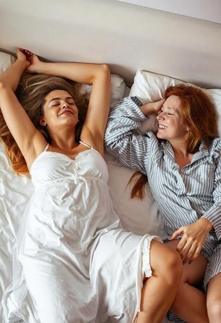 A beautiful woman,18yo, blonde, tan skinned, wearing white nightgown, laying on her side in bed, head back, arms wide, legs wide, exhausted, eyes closed, mouth half open, replete, fulfilled, satisfied. A second lovely woman, 35yo, redhead, laying beside, head braced on elbow, looking at the blonde, smiling, pleased, triumphant, dominant, loving, wearing pajamas.