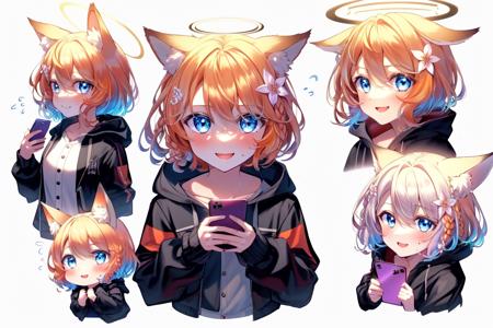 1girl, animal ear fluff, animal ears, black jacket, blue eyes, braid, buttons, cellphone, chibi, cropped legs, extra ears, flower, flying sweatdrops, fox ears, grey sweater, hair between eyes, hair flower, hair ornament, halo, holding, holding phone, hood, hood down, hooded sweater, jacket, long sleeves, looking at viewer, looking to the side, medium hair, multicolored clothes, multicolored jacket, nervous, open clothes, open jacket, open mouth, orange hair, phone, puffy long sleeves, puffy sleeves, sidelocks, simple background, single braid, smartphone, smile, sweater, upper body, white background
BREAK
(symmetric), (exceptional, best aesthetic, new, newest, best quality, masterpiece, extremely detailed, anime:1.2), (sketch:1.2