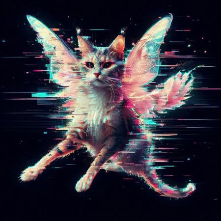glitch, flickering, digital, glitch style, A flying fairy with the face of a cat. Within a magic World