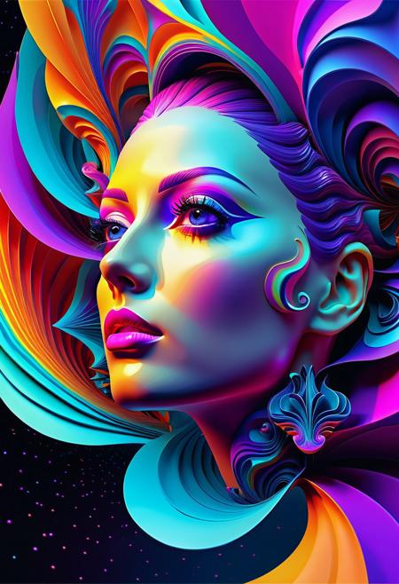 Synthwave, Surrealist low-poly digital art. Medium shot. Woman's face made of colorful, swirling mandelbulb patterns. Close up. Vibrant and dreamlike. Swirling bright colors blend at the edges of her face. Patterns within her iris reflect the colors of the surrounding environment. Soft glow of a cloudy bright day. Bright, contrasting colors. inspired by M.C. Escher, impossible geometry, digital art, surrealism, mandelbulb, 3D rendering, high detail, infinite recursion."